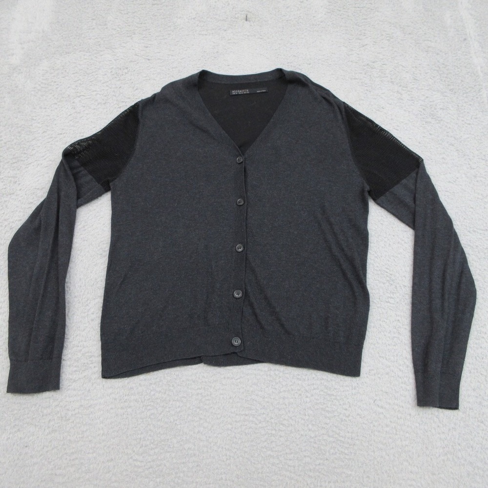 AllSaints Wool Blend Cardigan Sweater Women 10 Black Quiet Luxury Elegant Staple